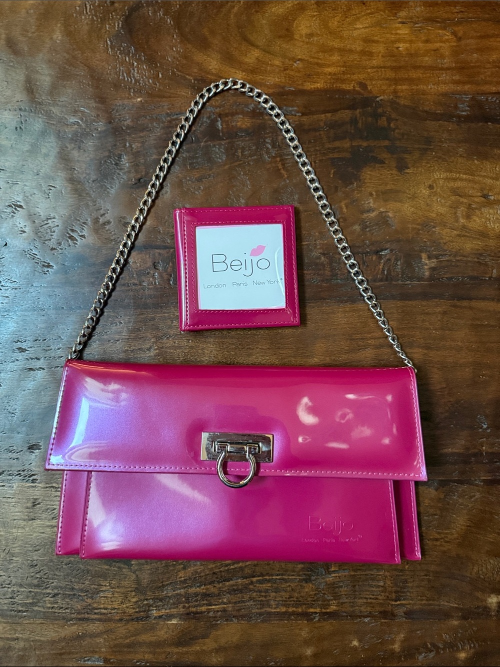Beijo Bright Pink Patent Chain Clutch with Silver Hardware